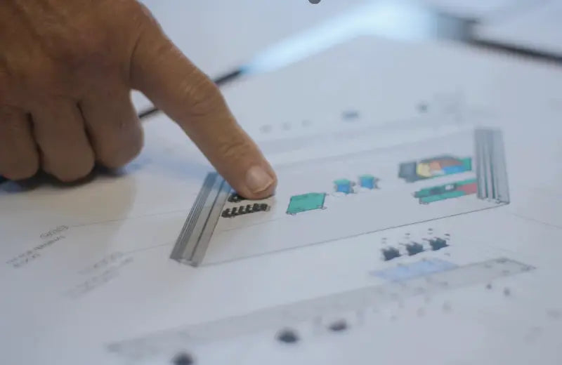 Finger pointing at an engineering drawing