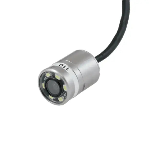 Camera with a black cable on a white background