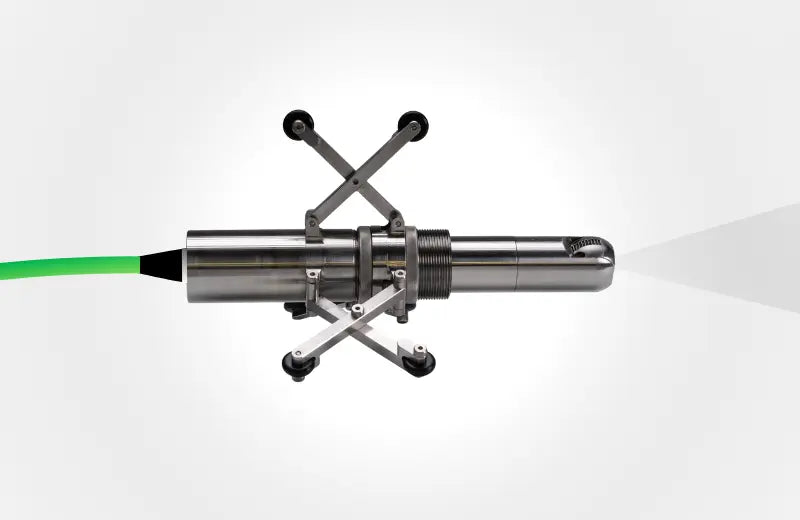 Stainless steel camera with centering device and green cable