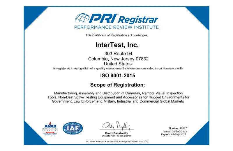 PRI Performance Review Institute ISO 9001:2015 InterTest Certificate - InterTest