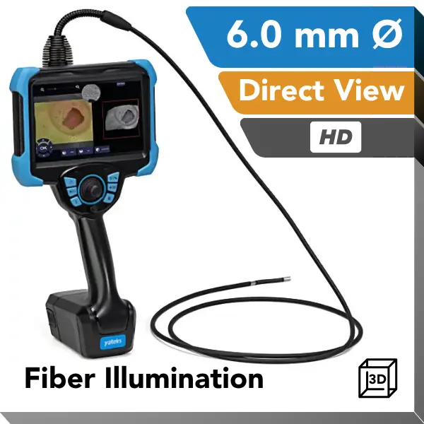 A handheld industrial video borescope with a black and blue handle, attached to a flexible black probe, shown on a white background with promotional text overlays including '6.0 mm Direct View HD' and 'Fiber Illumination'.
