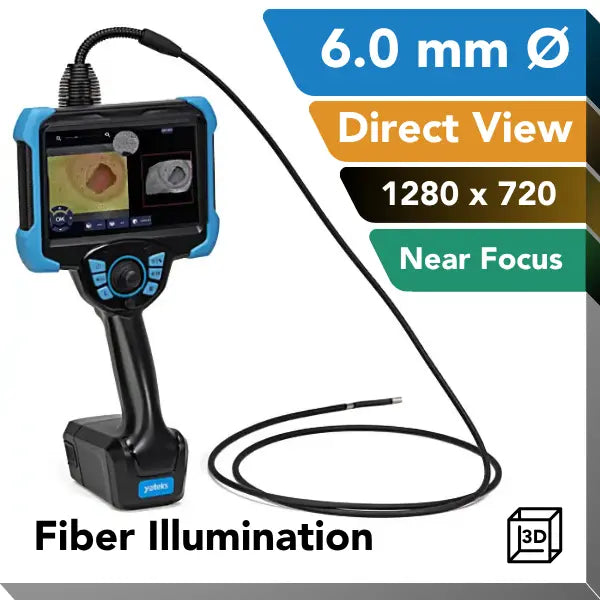 A handheld industrial video borescope with a blue and black body, attached to a flexible black probe, shown on a white background with promotional text overlays including '6.0 mm', 'Direct View', '1280 x 720', 'Near Focus', and 'Fiber Illumination'.