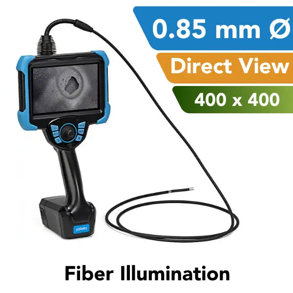 A black and blue video borescope with a flexible probe, shown on a white background with text overlays highlighting 0.85 mm diameter, direct view, 400x400 resolution, and fiber illumination.