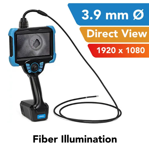 A black and blue video borescope with a coiled black probe, shown on a white background with promotional text overlays reading '3.9 mm Ø', 'Direct View', '1920 x 1080', and 'Fiber Illumination'.