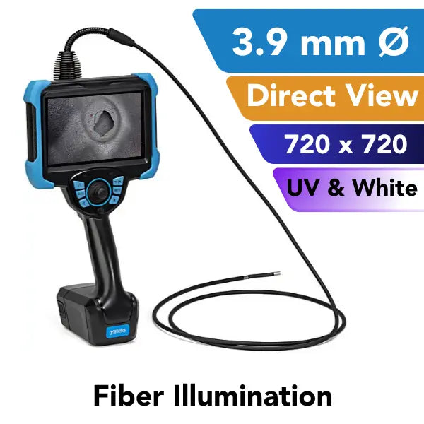 A waterproof fiber optic video borescope with a blue and black protective housing, attached to a long black probe. The screen displays a dark view, and the image includes text overlays highlighting features like '3.9 mm' OD, 'Direct View,' '720 x 720,' and 'UV & White'
