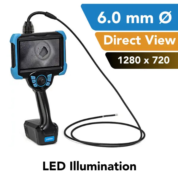 A black and blue video borescope with a flexible probe, shown on a white background with text overlays highlighting its 6.0 mm diameter, direct view, 1280 x 720 resolution, and LED illumination.
