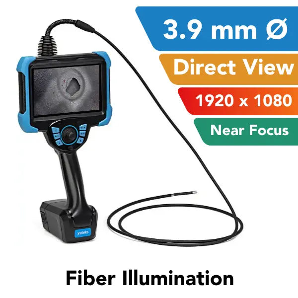 A handheld video borescope with a blue and black protective housing, attached to a long black probe. The image includes feature callout graphics on the right stating '3.9 mm', 'Direct View', 1920 x 1080', and 'Near Focus'.