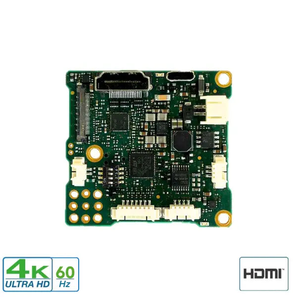Electronic circuit board with 4K Ultra HD and HDMI logos on a white background