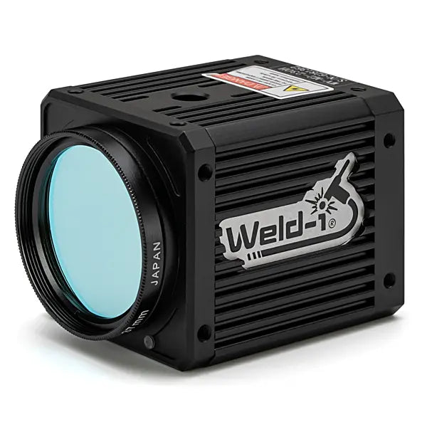 Black camera device facing left/down ith a blue lens and 'Weld-1' branding on a white background