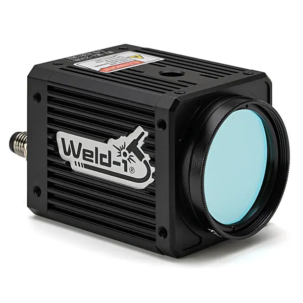 Black camera device facing right/down with 'Weld-i' branding on a white background