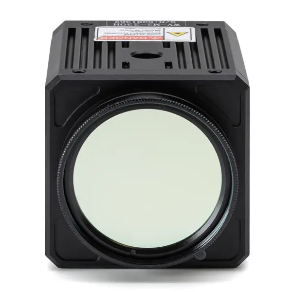 Black camera device facing forward with lens filter on a white background