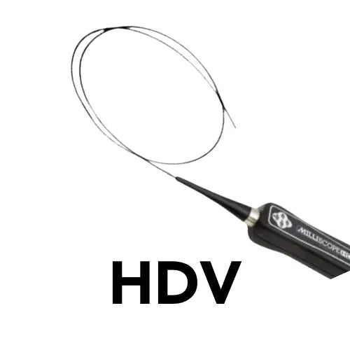 Black flexible fiberscope labeled HDV on white background