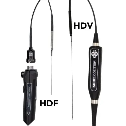 Two MilliWand fiberscopes labeled HDF and HDV on a white background