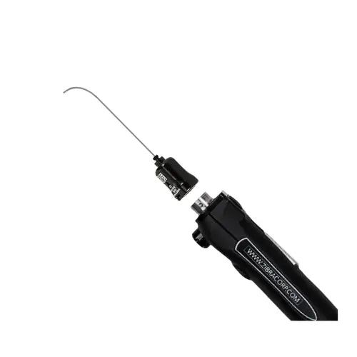 Black and silver custom "J" fiberscope on a white background