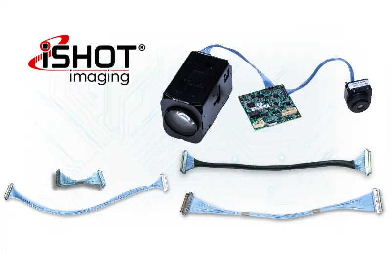 iSHOT imaging camera module with cables on a white background
