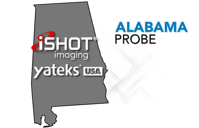 iShot Imaging and Yateks logo over the state of Alabama with Alabama Probe logo