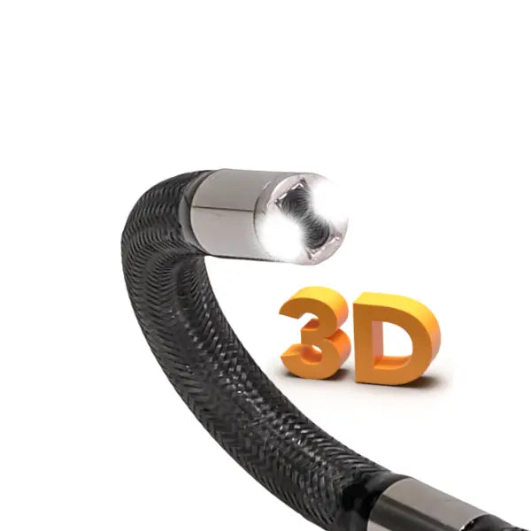 A 3D flexible inspection light with a curved black braided cable, a shiny silver metal tip, and a glowing white bulb, shown next to orange 3D text on a white background.