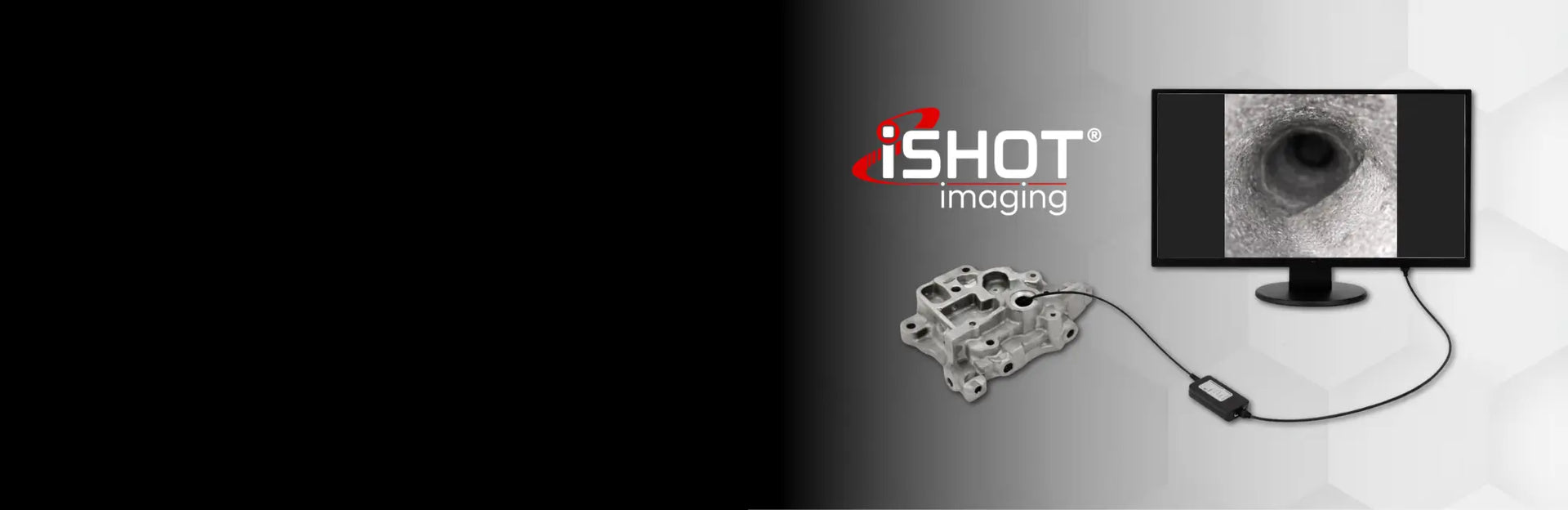 iSHOT imaging USB Model E setup with computer monitor displaying an image of a metal component.