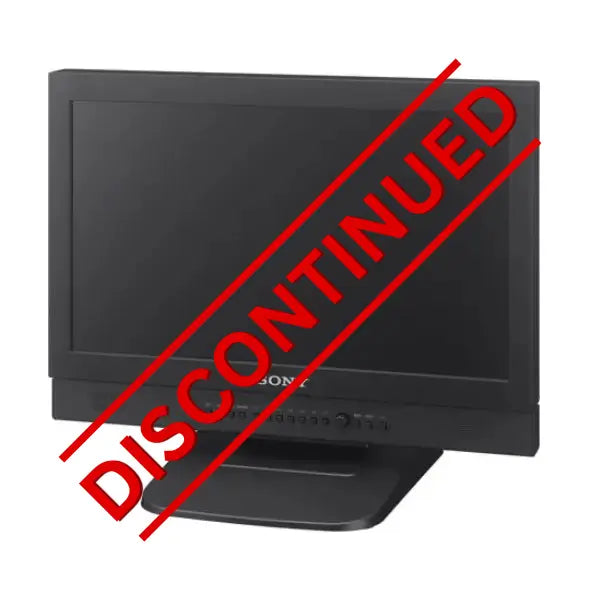 Black television set with 'DISCONTINUED' label in red on a white background