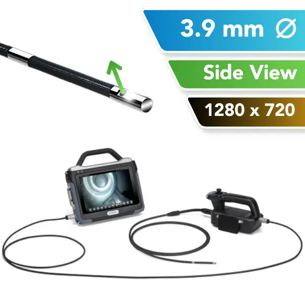A 3.9mm OD industrial inspection tool shown on a white background with informational text overlays. The image includes a side view of the flexible probe, a handheld monitor with a screen displaying the borescope view, and a separate controller.
