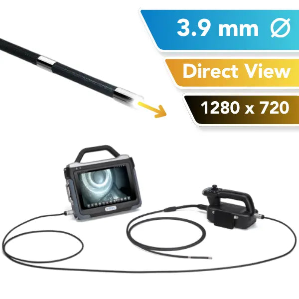 A 3.9mm OD industrial inspection tool shown on a white background with informational text overlays. The image includes a side view of the flexible probe, a handheld monitor with a screen displaying the borescope view, and a separate controller.