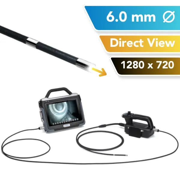 A 6mm OD industrial inspection tool shown on a white background with informational text overlays. The image includes a side view of the flexible probe, a handheld monitor with a screen displaying the borescope view, and a separate controller.