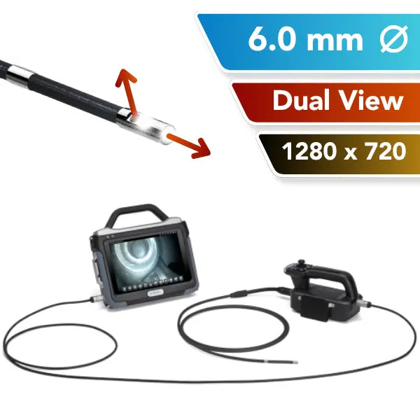 A 6mm OD dual-view industrial inspection tool shown on a white background with informational text overlays. The image includes a side view of the flexible probe, a handheld monitor with a screen displaying the borescope view, and a separate controller.