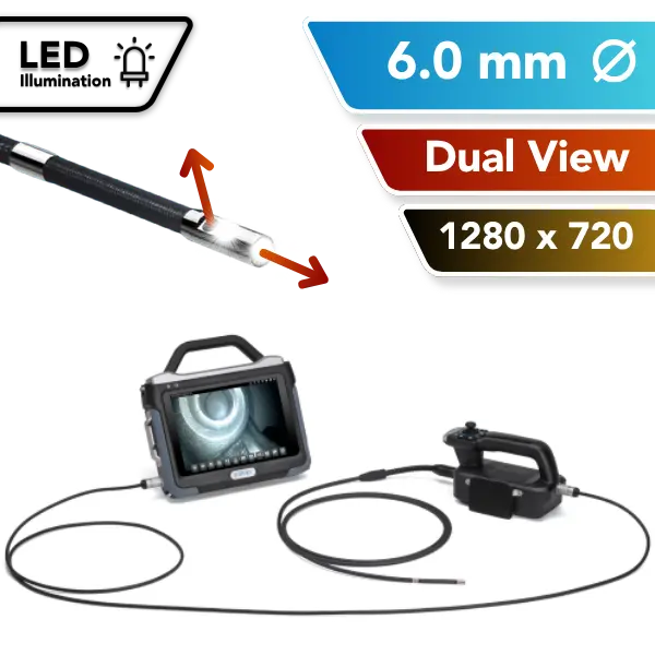 A 6mm OD dual-view industrial inspection tool shown on a white background with informational text overlays. The image includes a side view of the flexible probe, a handheld monitor with a screen displaying the borescope view, and a separate controller.
