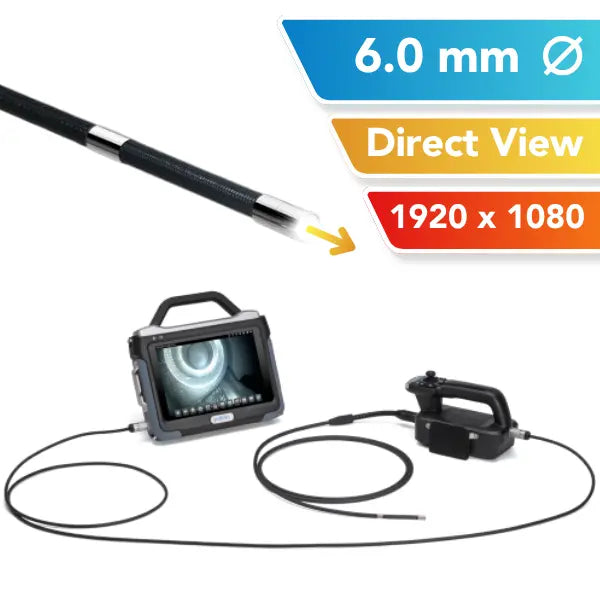 A 6mm OD industrial inspection tool shown on a white background with informational text overlays. The image includes a side view of the flexible probe, a handheld monitor with a screen displaying the borescope view, and a separate controller.