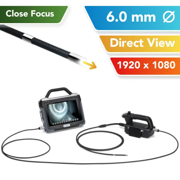 A 6mm OD industrial inspection tool shown on a white background with informational text overlays. The image includes a side view of the flexible probe, a handheld monitor with a screen displaying the borescope view, and a separate controller.