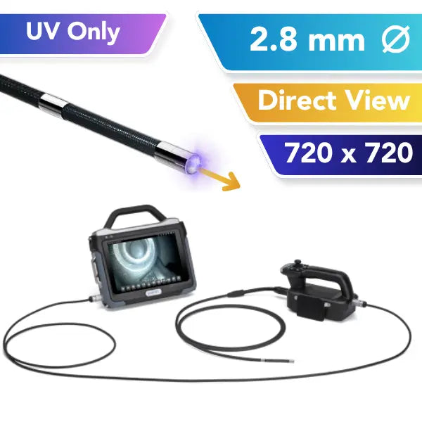 A 2.8 mm OD UV industrial inspection tool shown on a white background with informational text overlays. The image includes a side view of the flexible probe, a handheld monitor with a screen displaying the borescope view, and a separate controller.