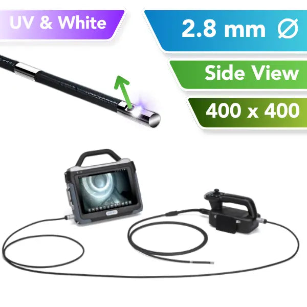 A 2.8mm OD UV industrial inspection tool shown on a white background with informational text overlays. The image includes a side view of the flexible probe, a handheld monitor with a screen displaying the borescope view, and a separate controller.