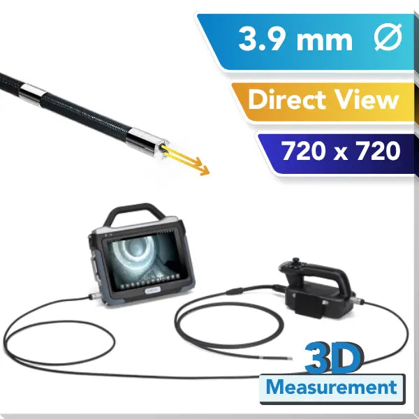 A 3D industrial inspection tool shown on a white background with informational text overlays. The image includes a direct view of the flexible probe, a handheld monitor with a screen displaying the borescope view, and a separate controller.