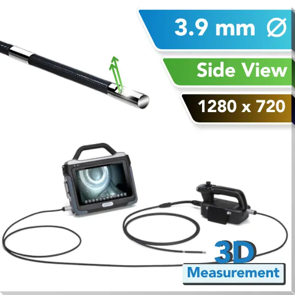 A 3D industrial inspection tool shown on a white background with informational text overlays. The image includes a side view of the flexible probe, a handheld monitor with a screen displaying the borescope view, and a separate controller.