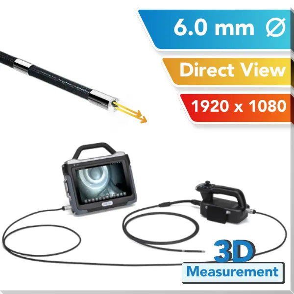 A 3D industrial inspection tool shown on a white background with informational text overlays. The image includes a direct view of the flexible probe, a handheld monitor with a screen displaying the borescope view, and a separate controller.