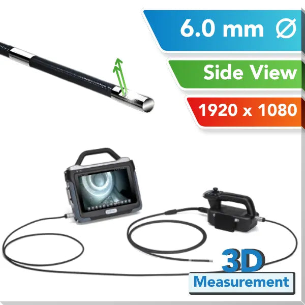 A 3D industrial inspection tool shown on a white background with informational text overlays. The image includes a side view of the flexible probe, a handheld monitor with a screen displaying the borescope view, and a separate controller.