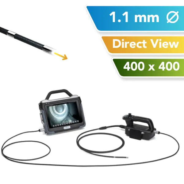 A 1.1mm OD industrial inspection tool shown on a white background with informational text overlays. The image includes a side view of the flexible probe, a handheld monitor with a screen displaying the borescope view, and a separate controller.