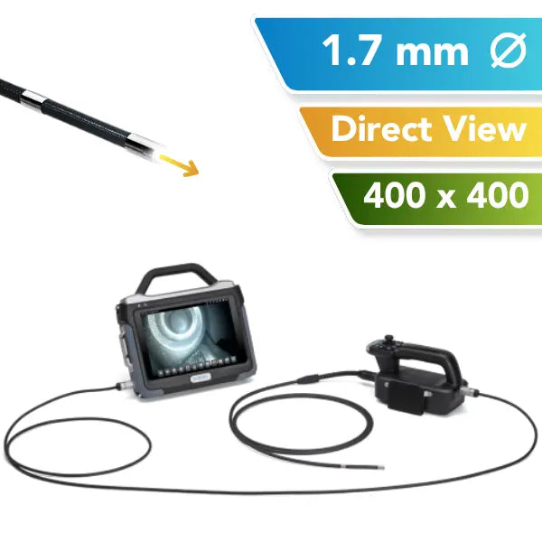 A 1.7mm OD industrial inspection tool shown on a white background with informational text overlays. The image includes a side view of the flexible probe, a handheld monitor with a screen displaying the borescope view, and a separate controller.