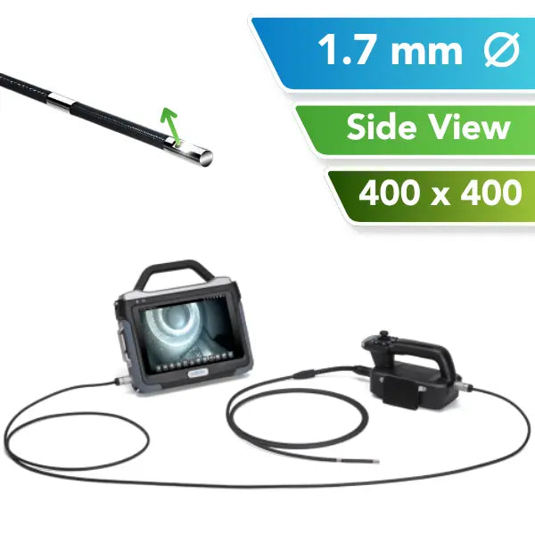 A 1.7mm OD industrial inspection tool shown on a white background with informational text overlays. The image includes a side view of the flexible probe, a handheld monitor with a screen displaying the borescope view, and a separate controller.