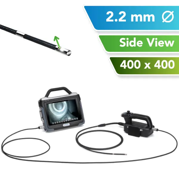 A 2.2mm OD industrial inspection tool shown on a white background with informational text overlays. The image includes a side view of the flexible probe, a handheld monitor with a screen displaying the borescope view, and a separate controller.