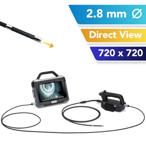 A 2.8mm OD industrial inspection tool shown on a white background with informational text overlays. The image includes a side view of the flexible probe, a handheld monitor with a screen displaying the borescope view, and a separate controller.