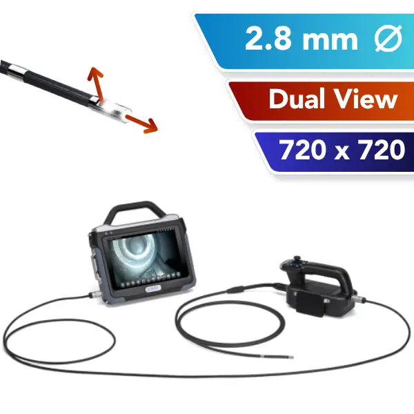 A 2.8 mm dual-view OD industrial inspection tool shown on a white background with informational text overlays. The image includes a side view of the flexible probe, a handheld monitor with a screen displaying the borescope view, and a separate controller.