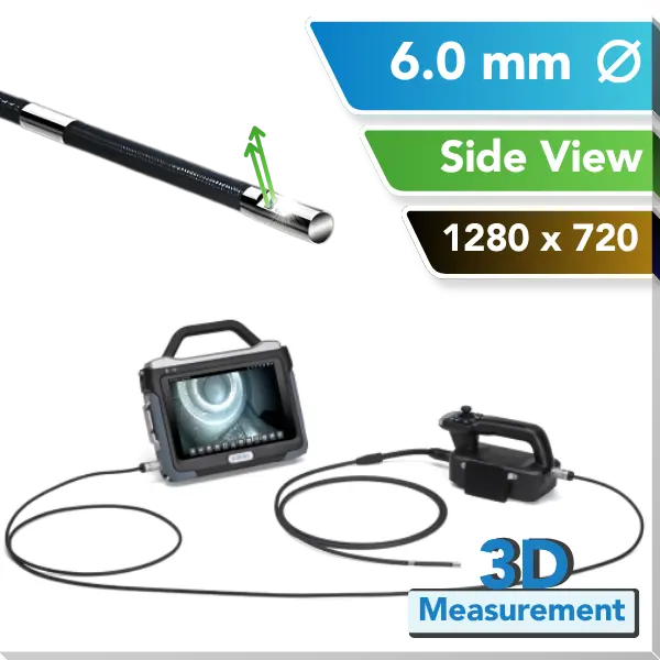 A 3D industrial inspection tool shown on a white background with informational text overlays. The image includes a direct view of the flexible probe, a handheld monitor with a screen displaying the borescope view, and a separate controller.