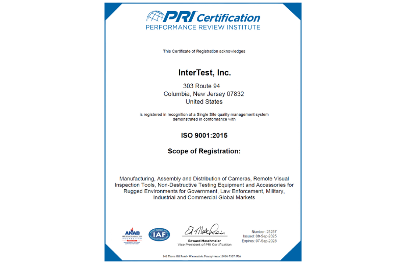 InterTest Inc. PRI Certification ISO 9001:2015 Certification