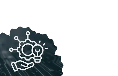 Black icon of a hand holding a light bulb with a gear inside on a white background