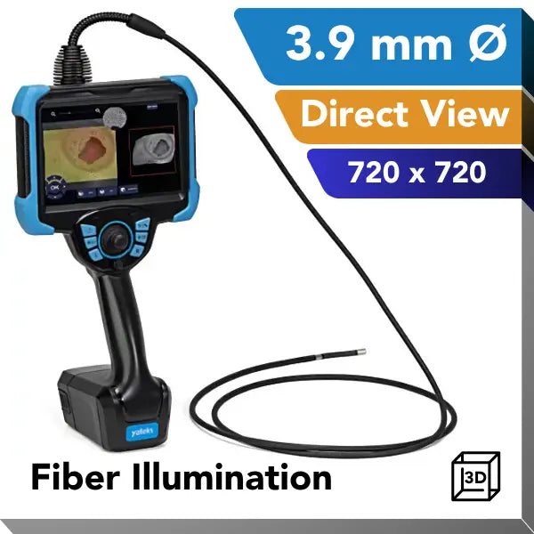 A handheld industrial video borescope with a blue and black handle, attached to a long black probe, shown on a white background with promotional text including '3.9 mm Ø', 'Direct View', '720 x 720', and 'Fiber Illumination'.