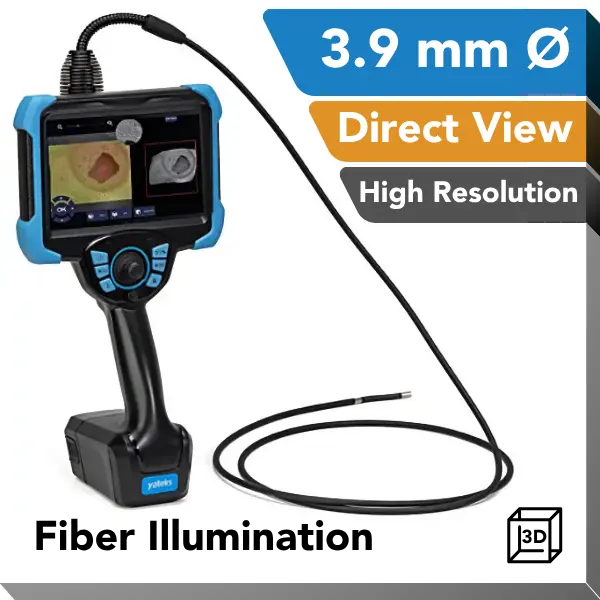 A handheld video borescope with a black and blue body, attached flexible video probe and a screen showing an internal view. Promotional text on the image reads '3.9 mm' and 'Direct View" and 'High Resolution'.