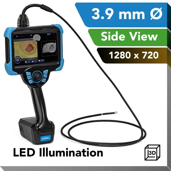 A handheld industrial video boresocpe with a flexible black probe, shown in side view on a white background with promotional text overlays including '6.0 mm Ø', 'Side View', '1280 x 720', 'LED Illumination', and a small '3D' icon.