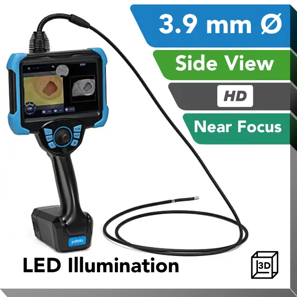 A handheld video borescope with a blue and black handle, attached flexible video probe, and screen showing an internal view, presented on a white background with promotional text overlays including '3.9 mm', 'Side View', 'HD', 'Near Focus', 'LED Illumination', and a '3D' icon.