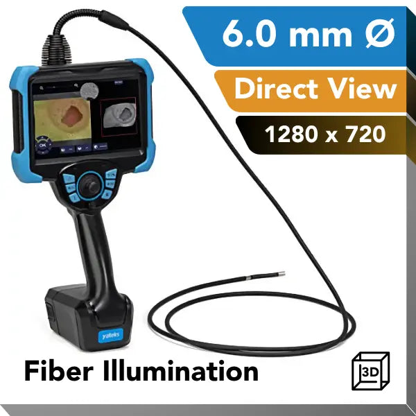 A handheld industrial video borescope with a black and blue handle, attached to a long black probe. The screen displays an internal view, and the image includes text overlays highlighting '6.0mm', 'Direct View', '1280 x 720', 'Fiber Illumination', and '3D' 
